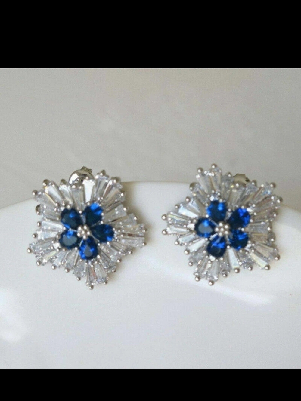 Silver-Tone Blue Crystal Floral Cluster Earrings - Women Jewelry
